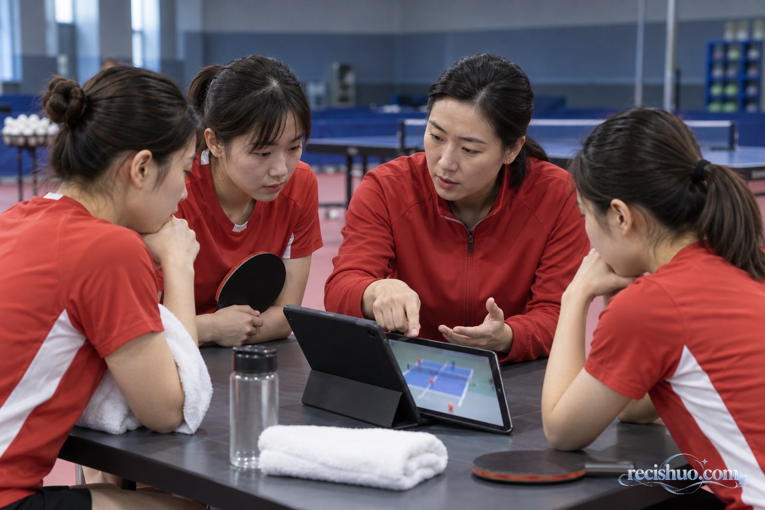 女子乒乓球队员与教练在训练馆利用平板复盘比赛