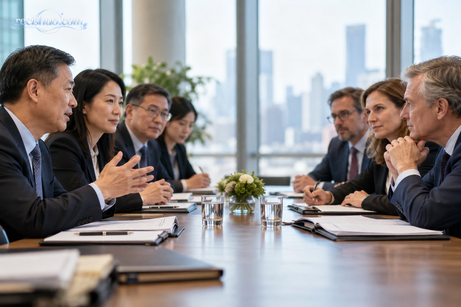 不同文化背景的代表在现代会议室内面对面交流