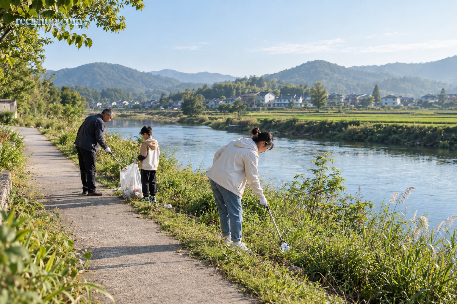 清晨河畔，几位居民沿乡村步道捡拾散落垃圾