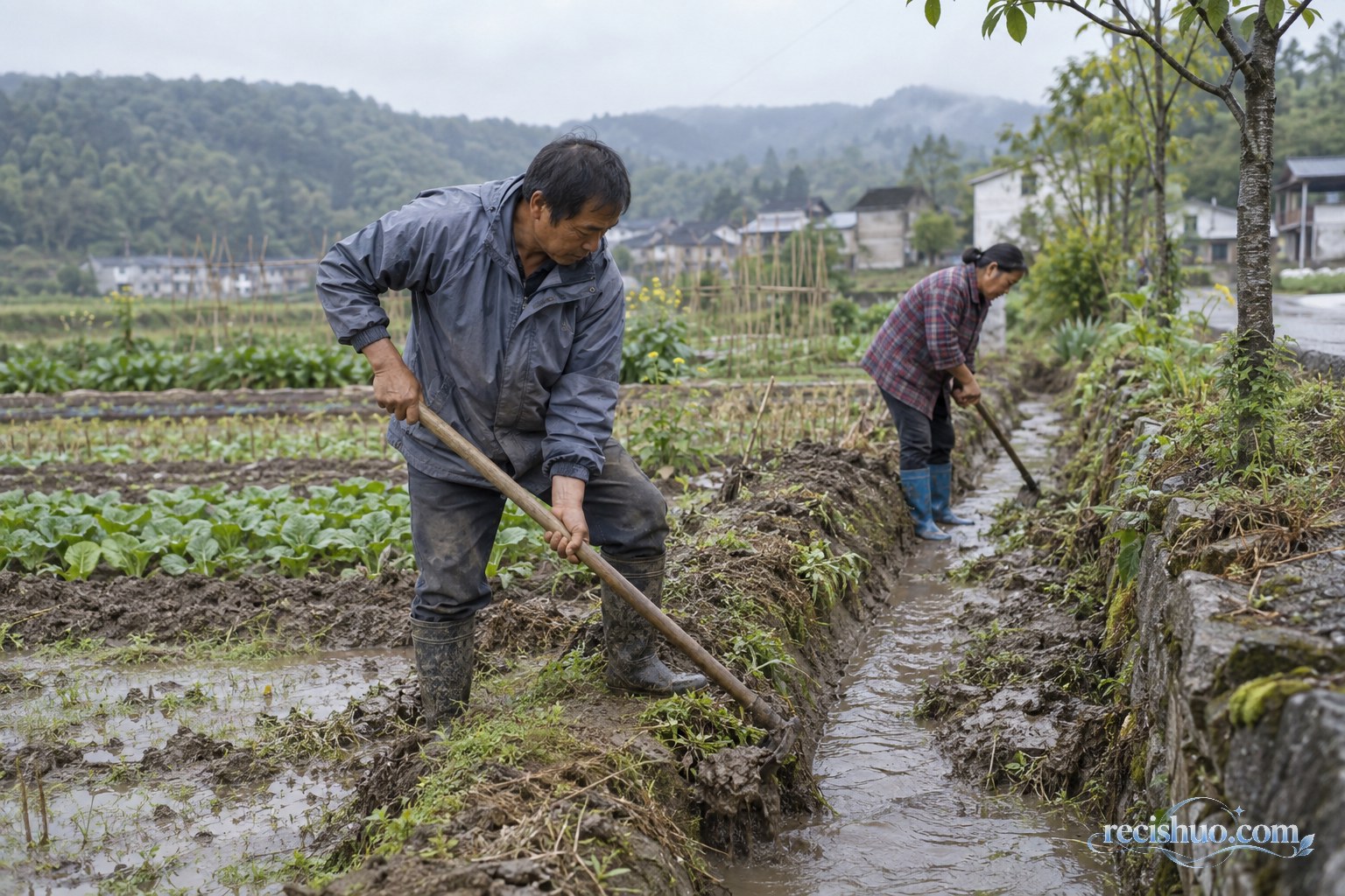 雨后村庄田边，两位居民共同清理灌溉水沟