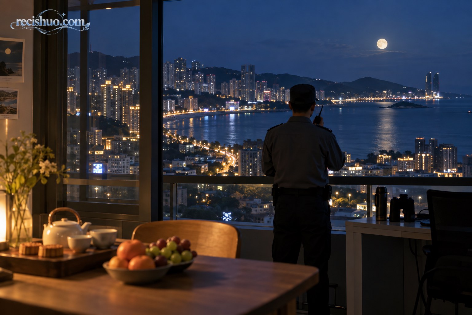 中秋月夜值守人员背对镜头守望海滨城市万家灯火