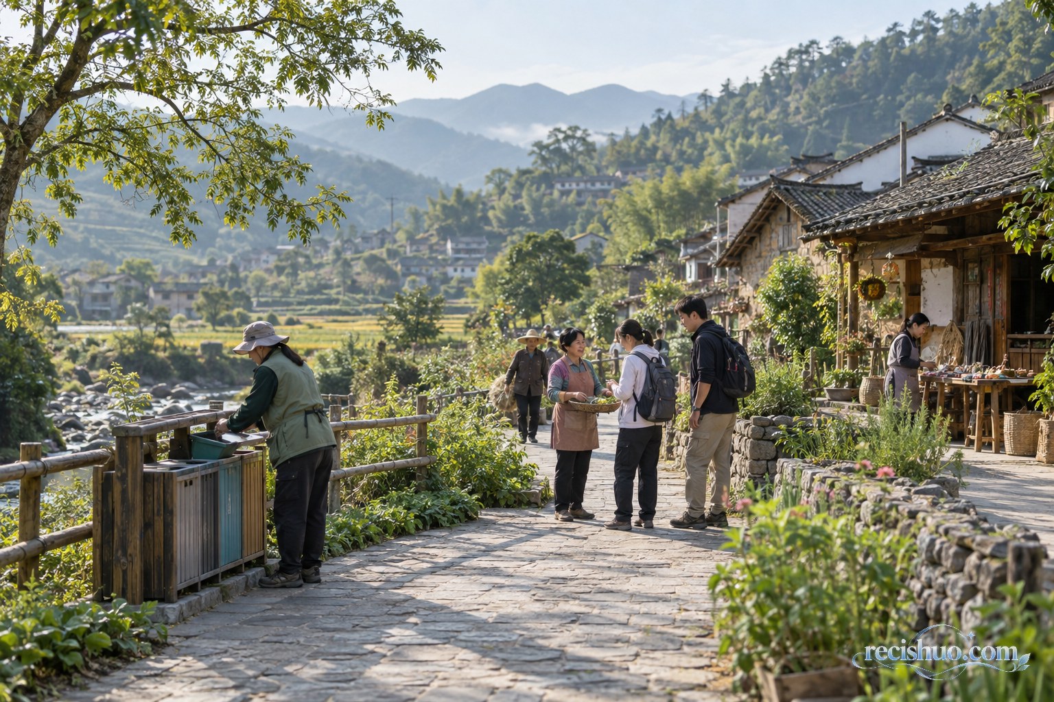 乡村生态步道旁居民、经营者与游客自然交流的文旅场景