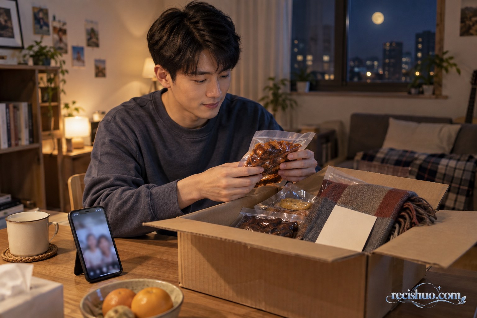 年轻人在中秋夜整理家人寄来的生活包裹