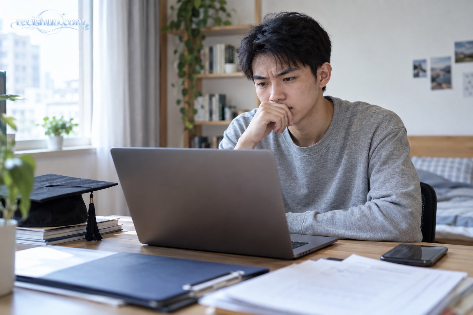 年轻毕业生在家中查看电脑上的社保记录,桌面放着毕业帽和报考材料