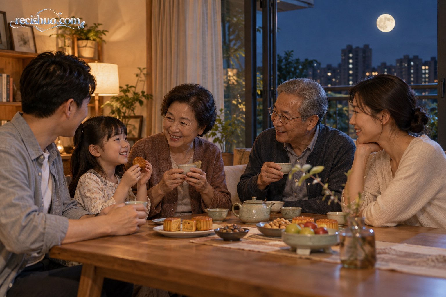 中秋夜一家人围坐木桌分享月饼与热茶,窗外明月映照城市夜色