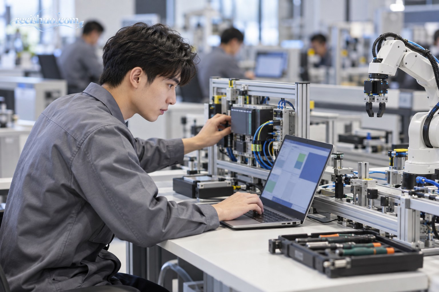 年轻选手在自动化工位调试控制模块、电脑与小型机械臂