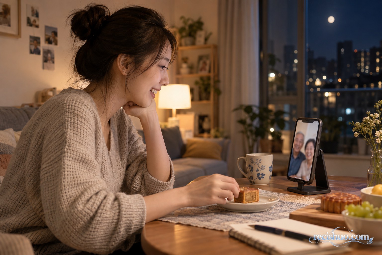 年轻女子在中秋夜通过手机与远方父母视频通话