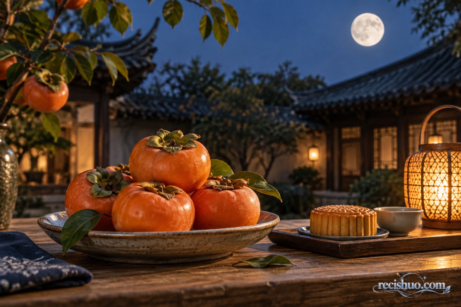 中秋月夜的传统庭院中,木桌上摆放成熟柿子、月饼与暖色灯笼