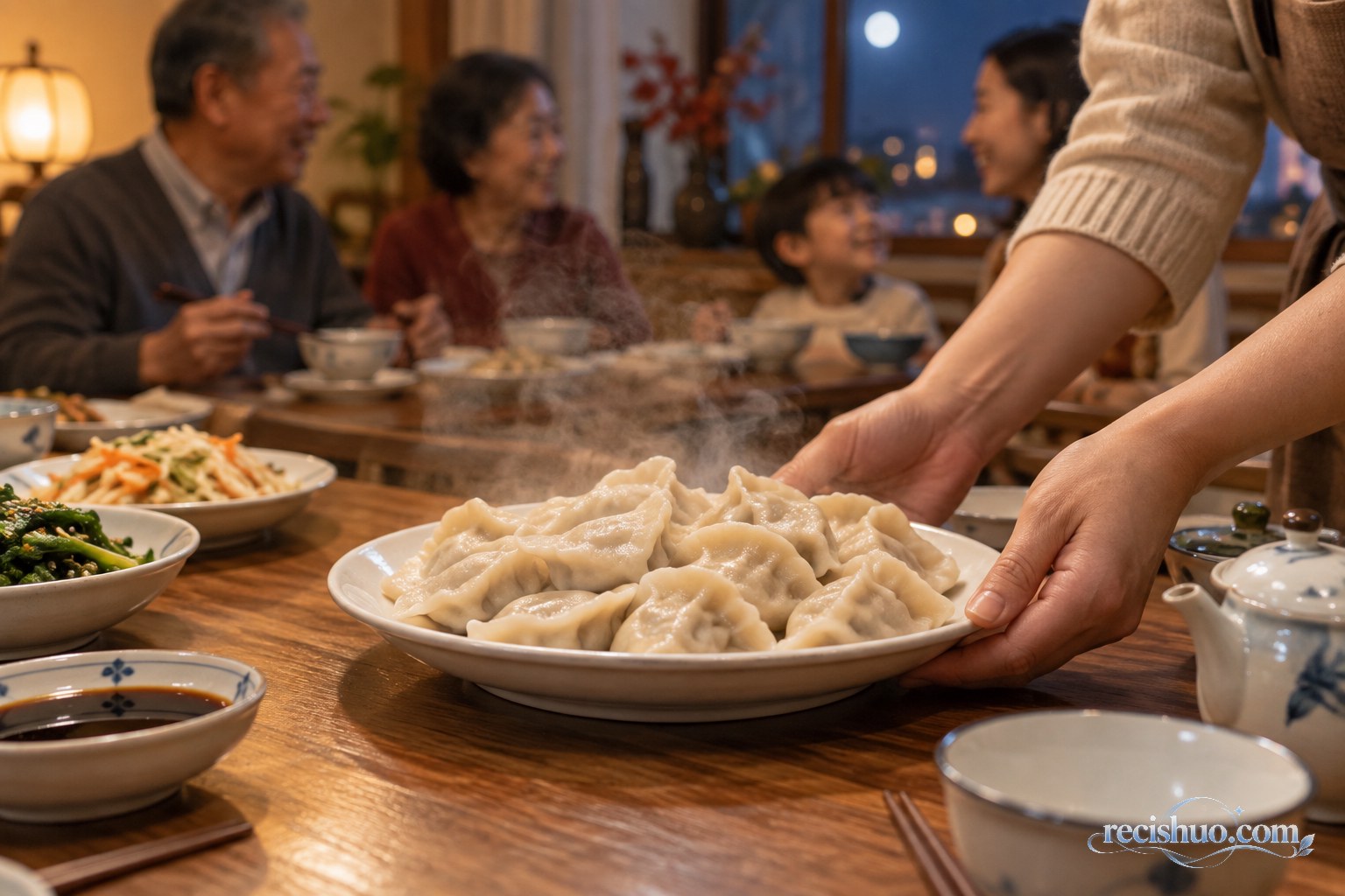 一盘热气腾腾的家常水饺端上中秋团圆餐桌