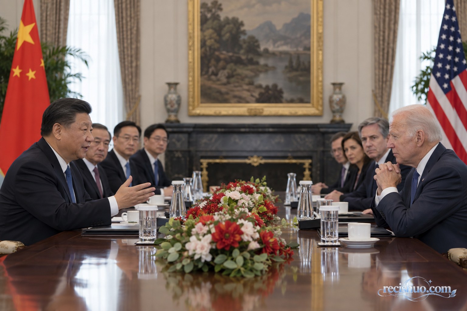 中美代表团在正式会谈室内面对面交流的示意画面
