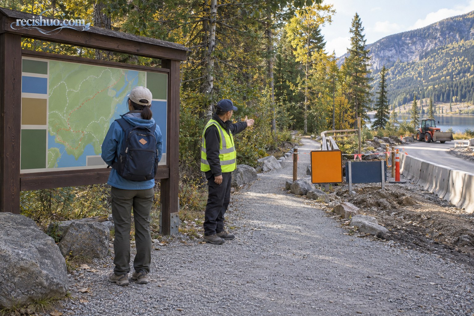 游客在景区道路施工区域查看绕行路线并向工作人员咨询的场景示意图