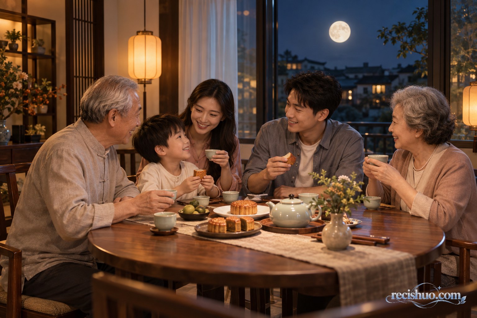 中秋夜一家三代围坐圆桌分享月饼和清茶