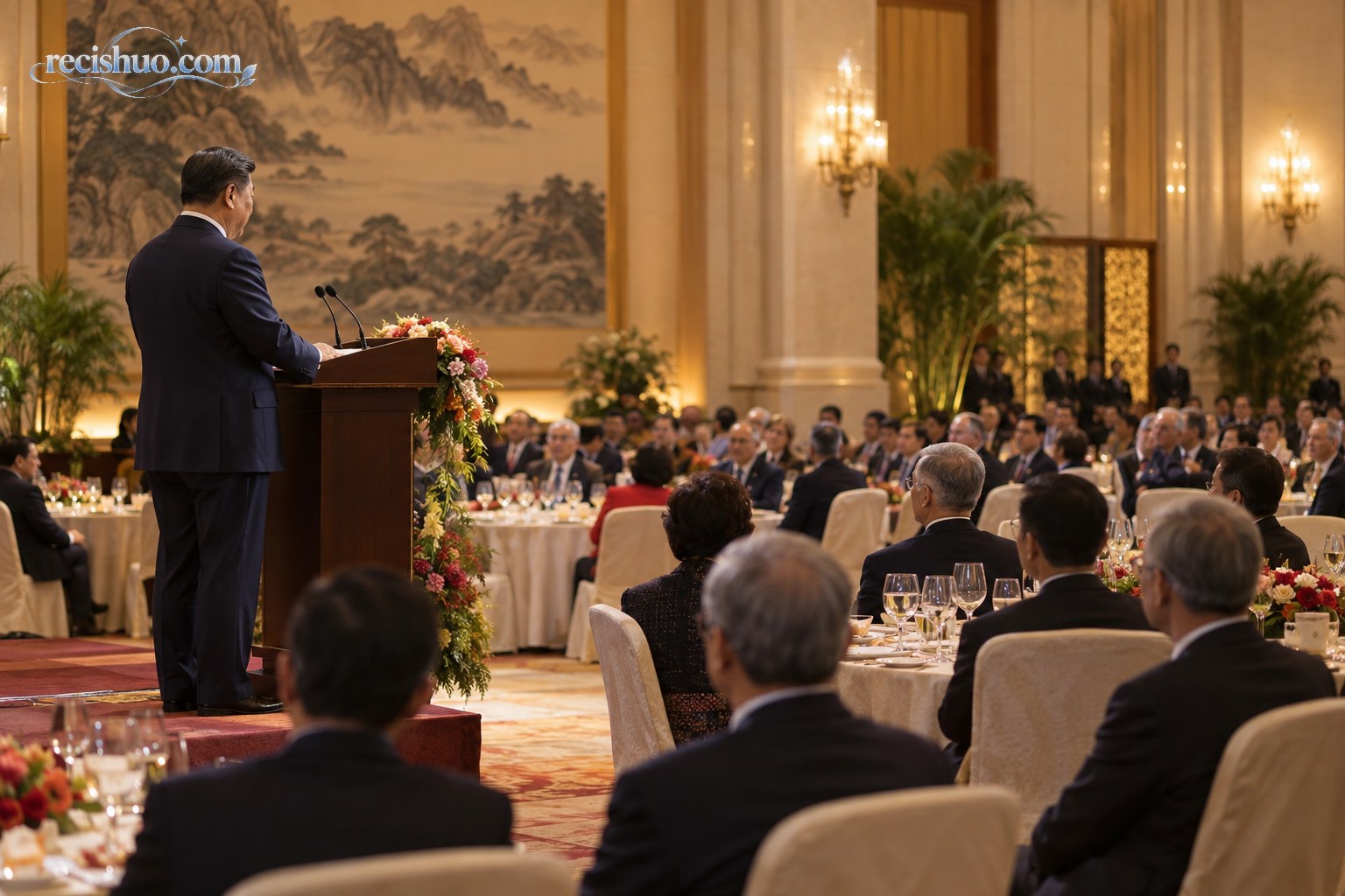 正式欢迎宴会厅内,一位发言者在讲台上致辞,现场来宾安静聆听
