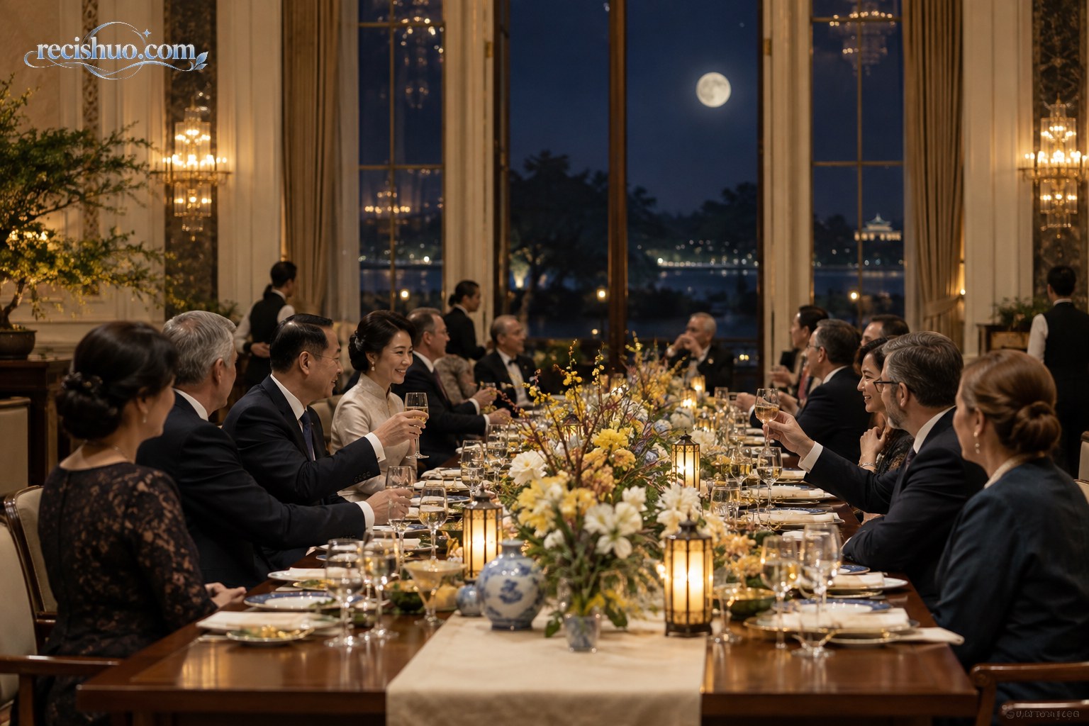 明月映照下的正式欢迎宴会现场,各界来宾在温暖灯光中交流致意