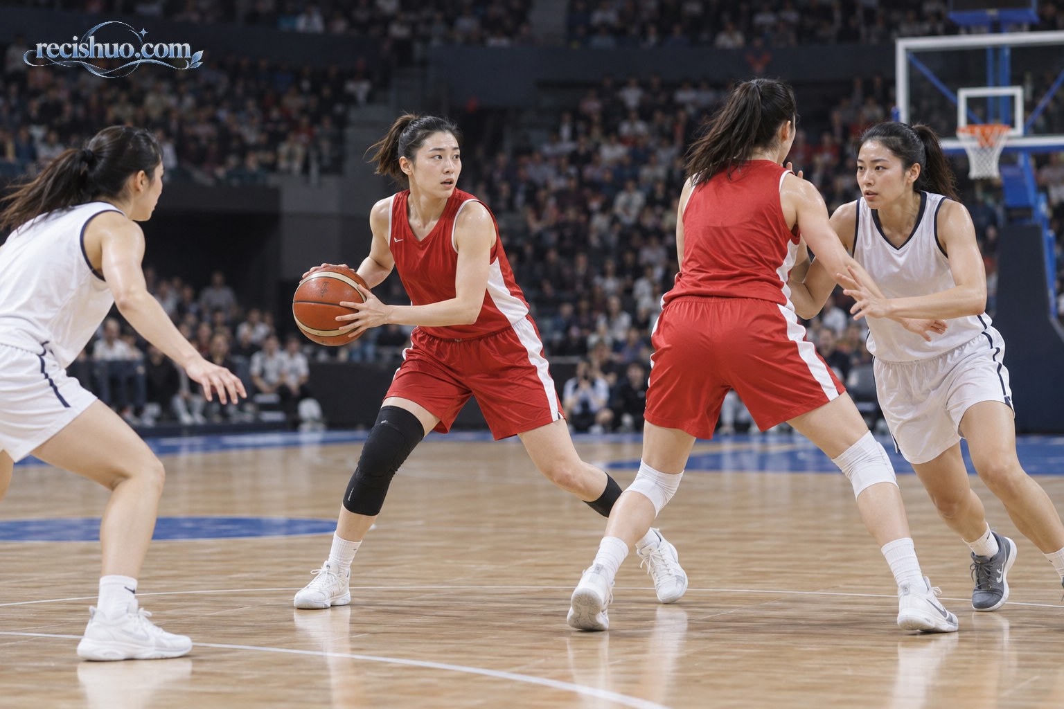 女子篮球比赛中，红色球衣队员持球观察并与队友配合进攻