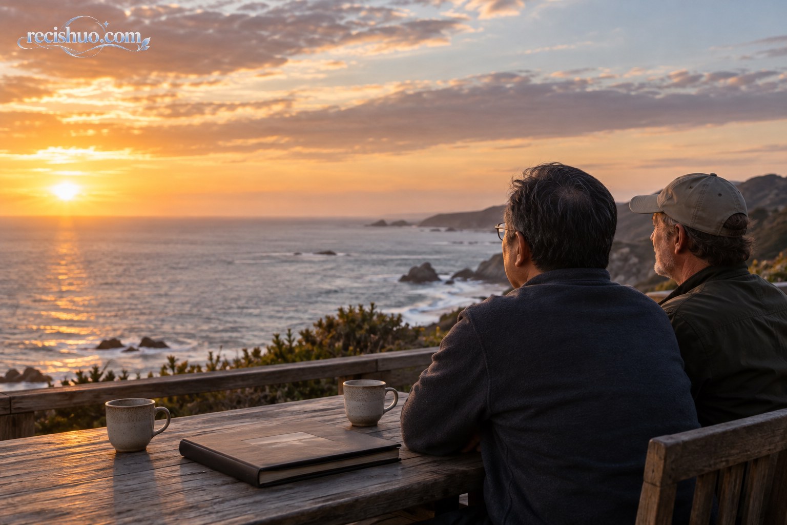 两位不同文化背景的老友在太平洋海岸共同眺望落日