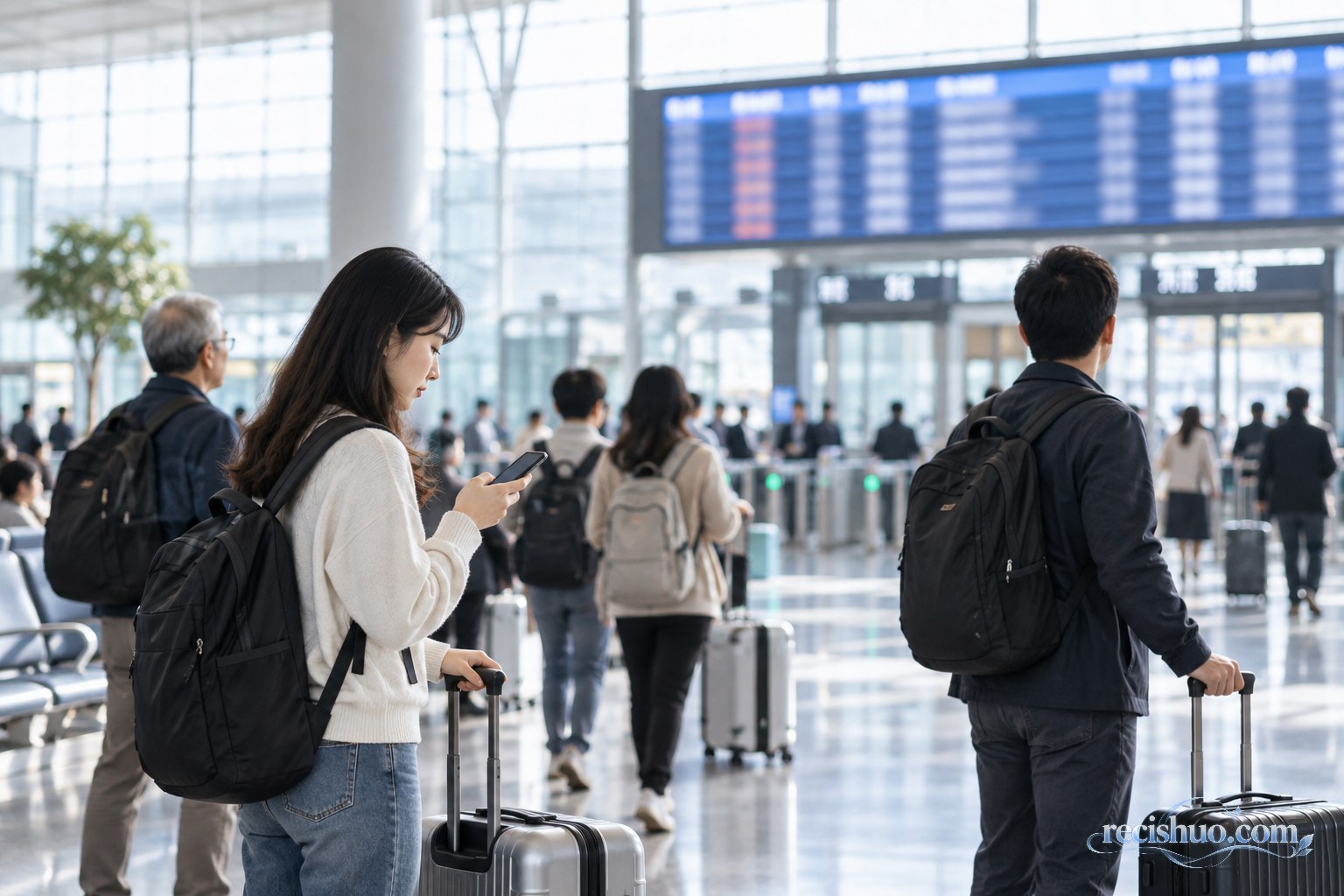 旅客在现代化高铁站内查看手机并携带行李准备乘车