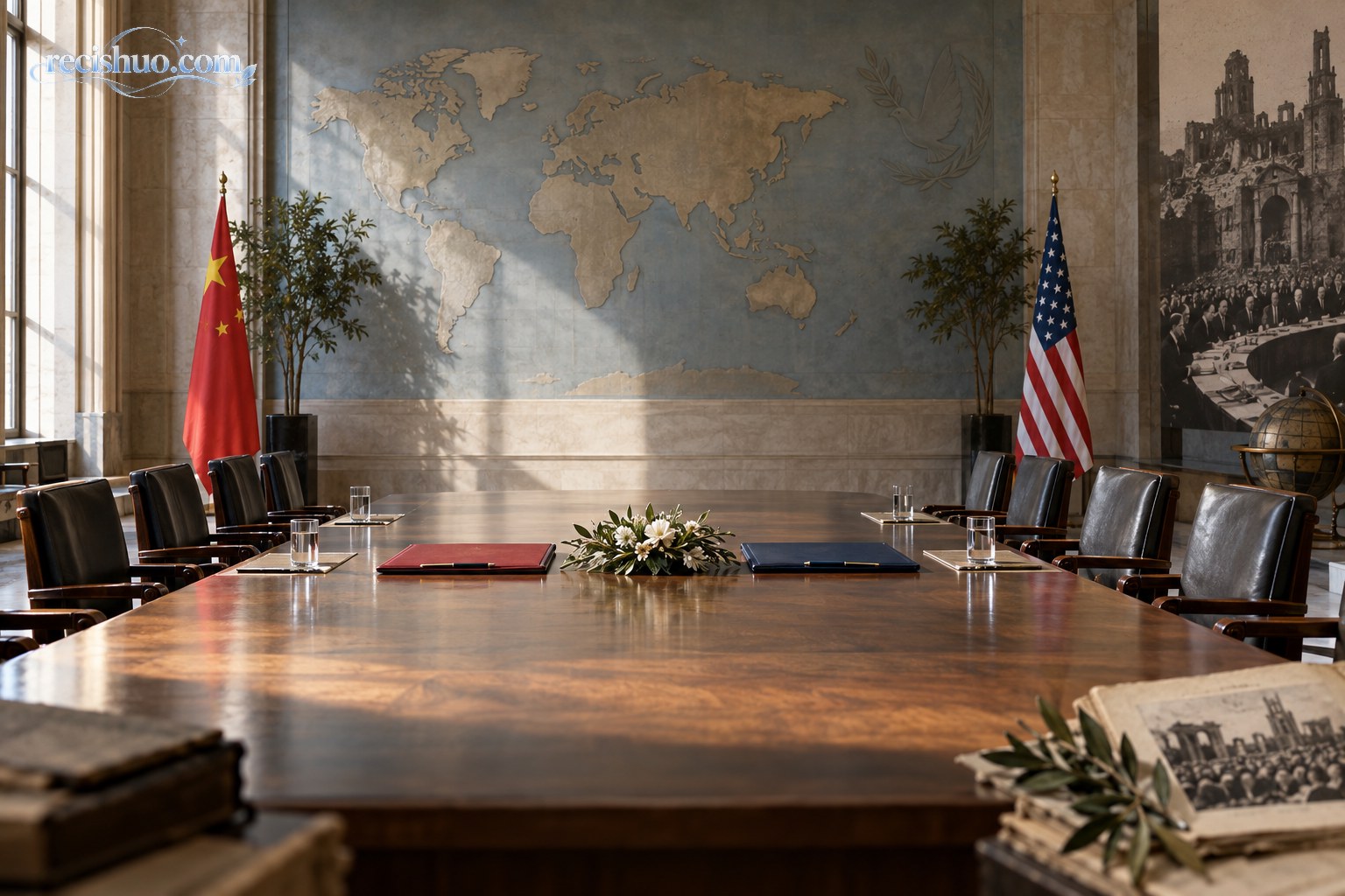 国际会议厅内摆放着象征对话与历史责任的文件夹,背景为世界地图浮雕
