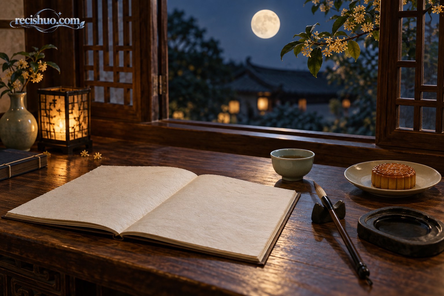 满月与桂花映入中式窗棂,木案上摆着空白册页、笔墨、茶盏和月饼