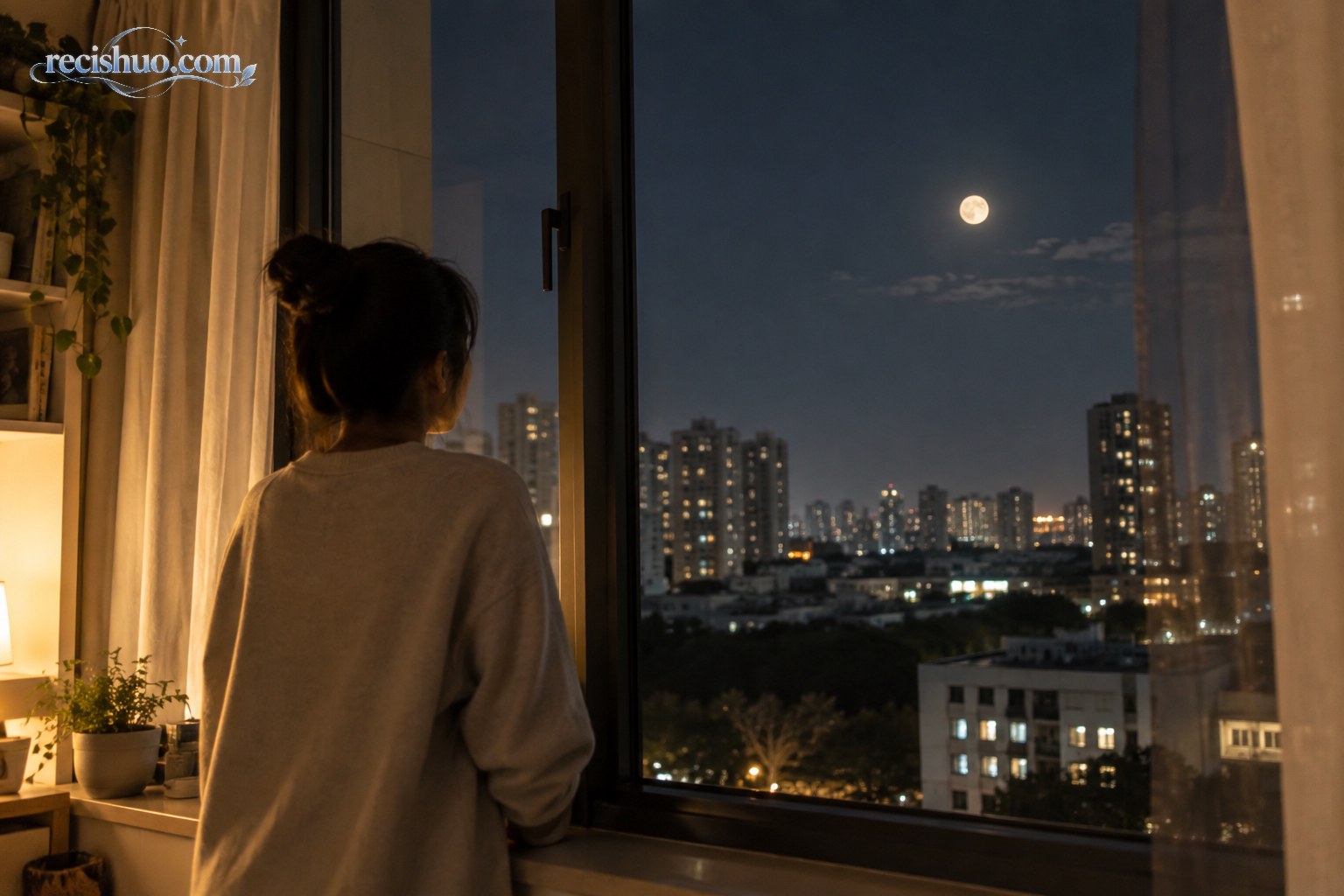 年轻人夜晚站在窗边眺望城市上空的月亮