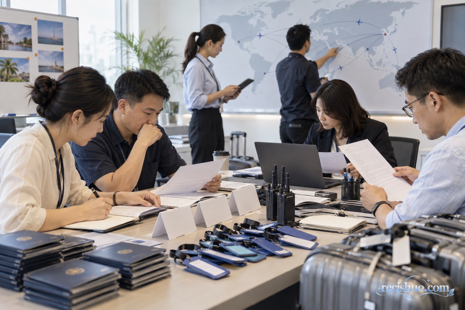 工作人员在会议室核对大型海外团队的分组、证件与行程安排
