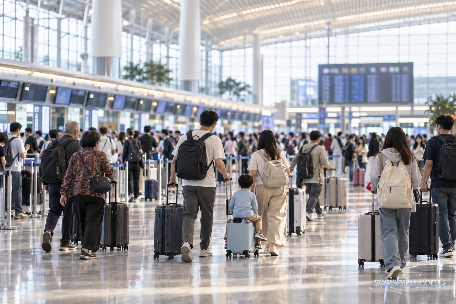 中秋假期首日旅客携带行李在机场出发大厅有序通行