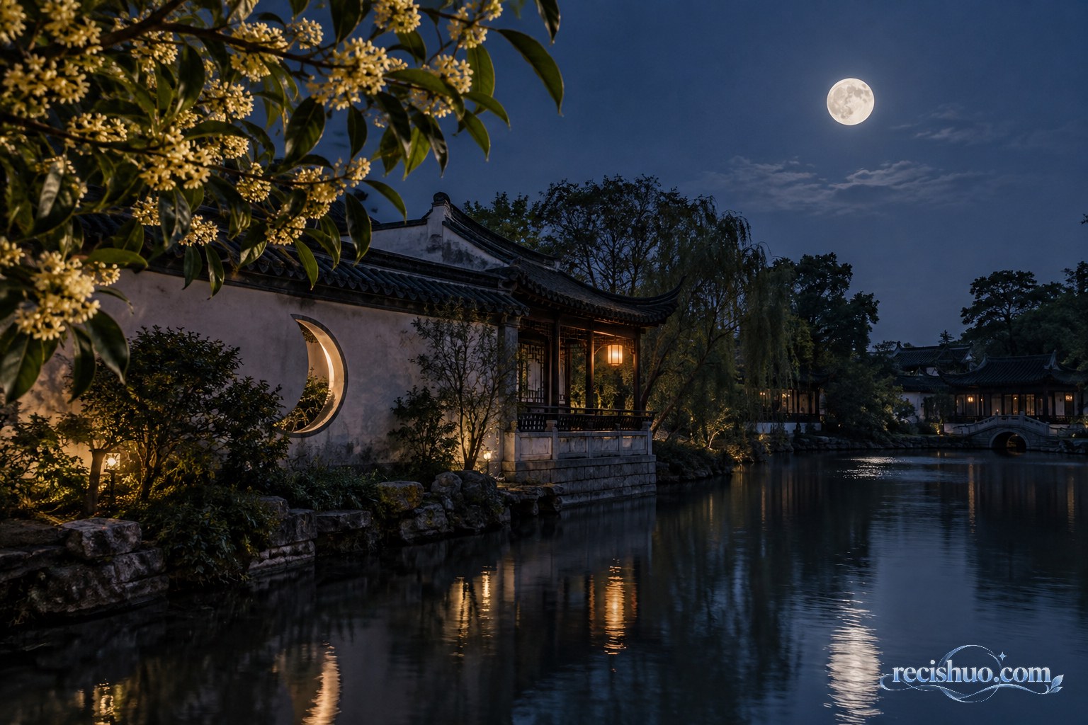 桂花掩映的中式水院里,满月与月洞窗、粼粼水面共同构成宁静夜景