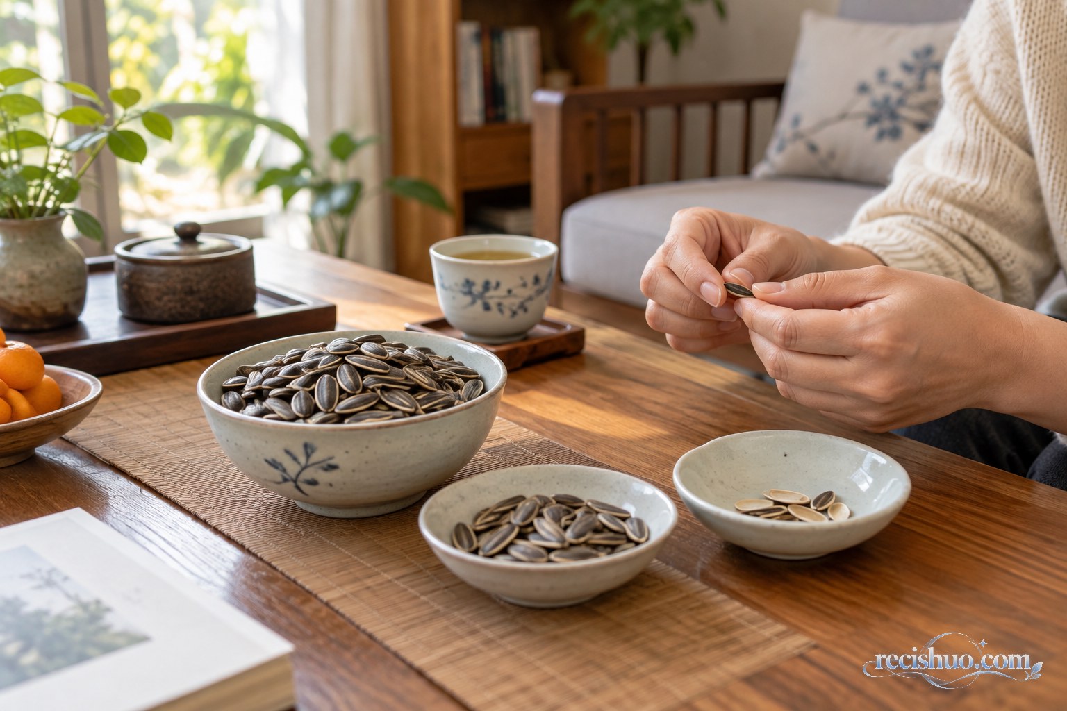 阳光下的居家茶桌上摆着瓜子、茶杯和果盘,一双手正在剥瓜子