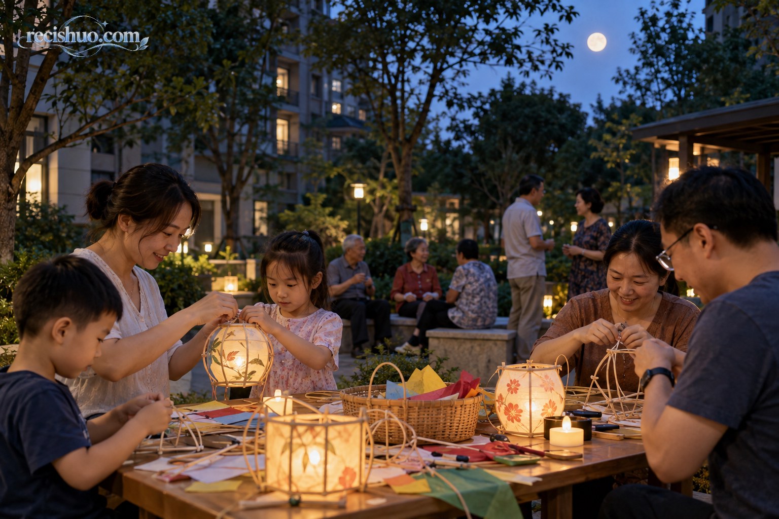 社区居民在中秋夜共同制作简易灯笼
