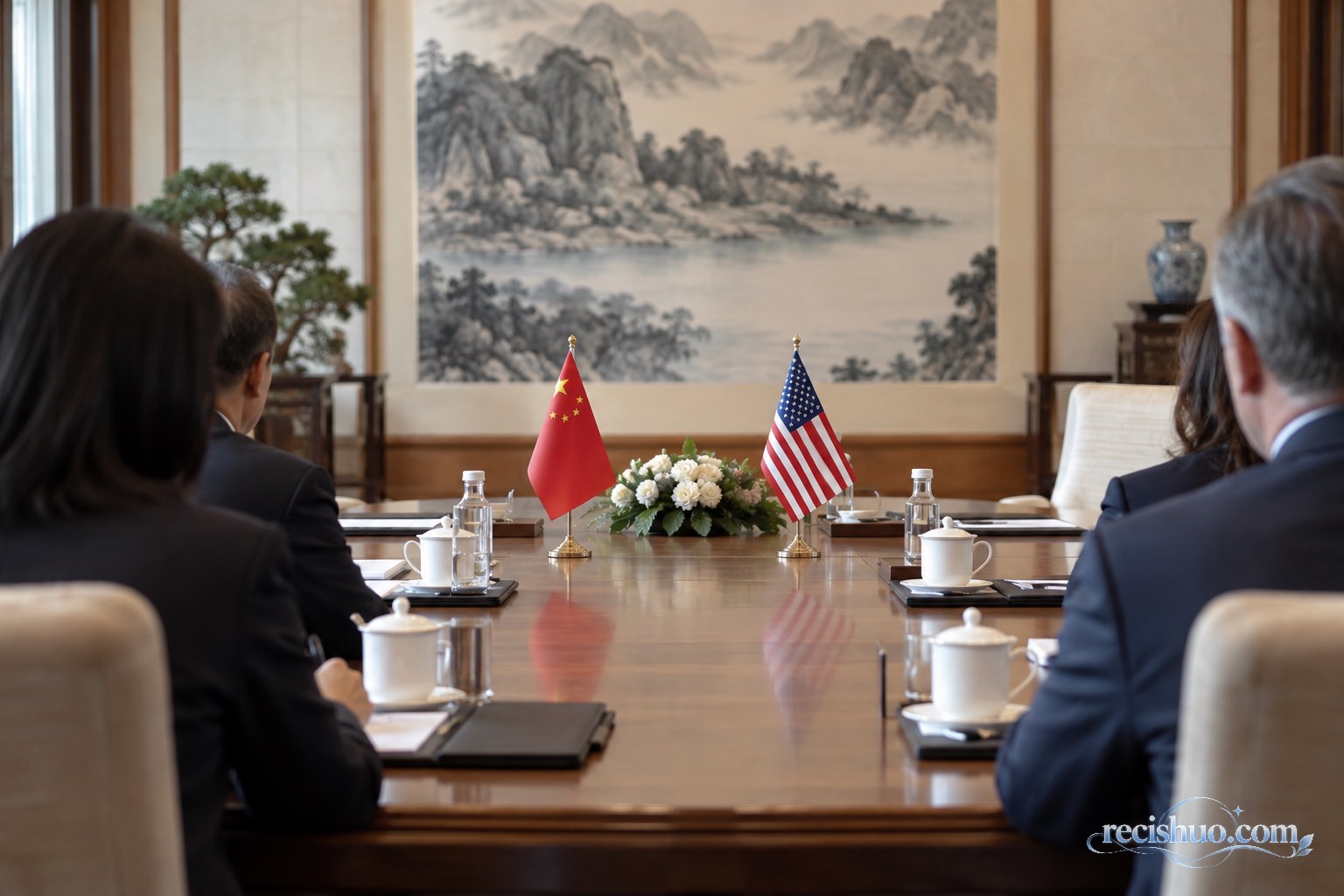 中美双方代表在摆有两国国旗的正式会谈桌前交流