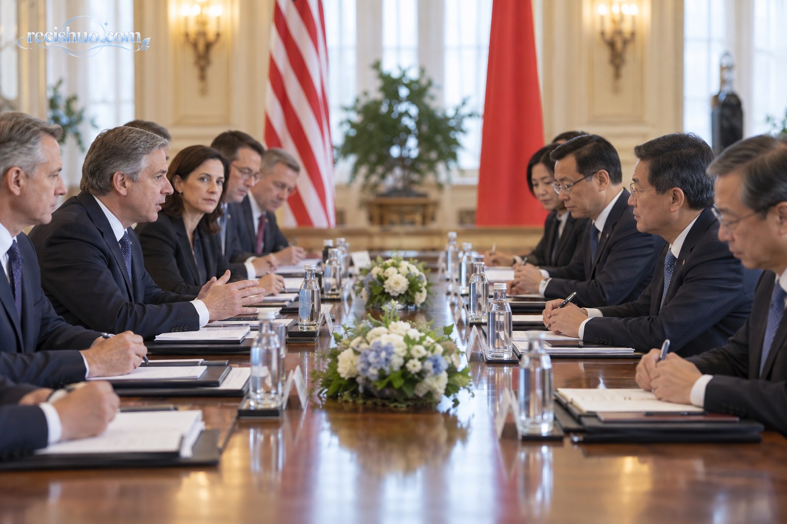 中美双方代表在庄重会议厅内进行建设性会谈