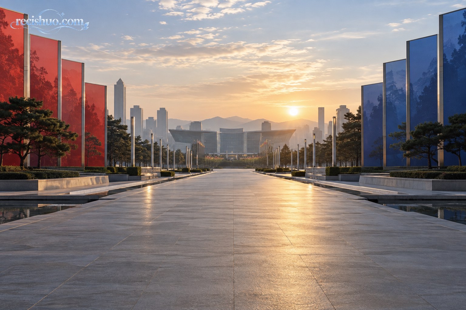 晨光中红蓝两侧建筑围绕通向国际会议中心的宽阔道路,象征中美关系处于新的历史起点