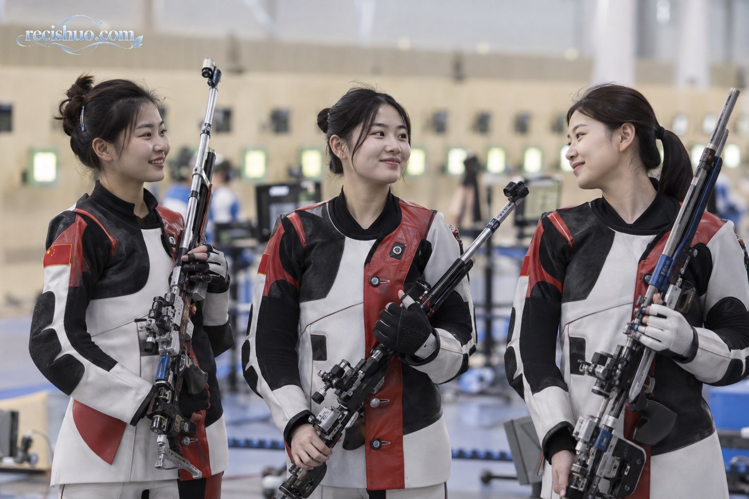 三名女子步枪运动员在室内射击场完成比赛后交流