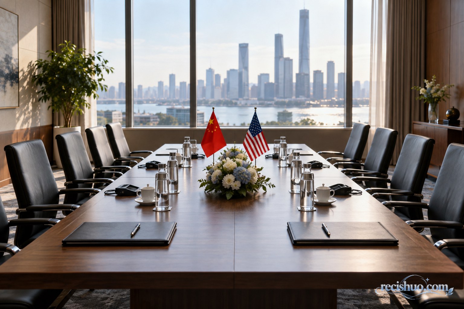 摆有中美国旗、会议资料和同声传译设备的双边会谈室