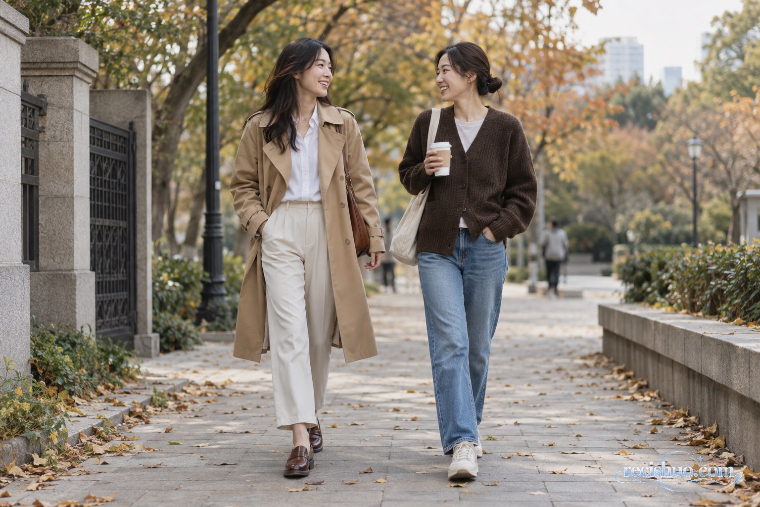 两位女性分别以浅驼风衣和深咖针织开衫搭配秋日通勤与休闲造型