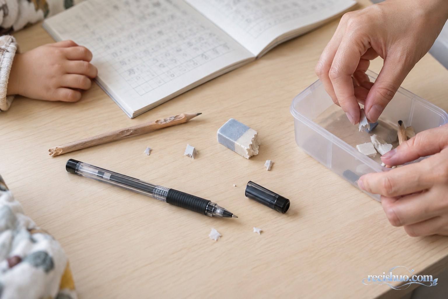 书桌上散落着被啃咬的铅笔、橡皮和纸屑,家长正在清理