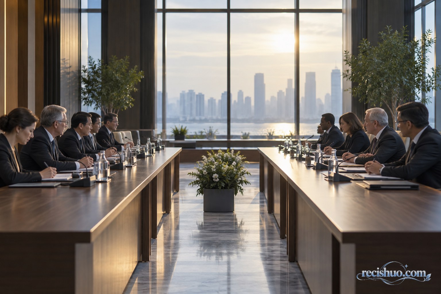 晨光中的现代国际会议厅内,两侧代表相向而坐进行平等对话