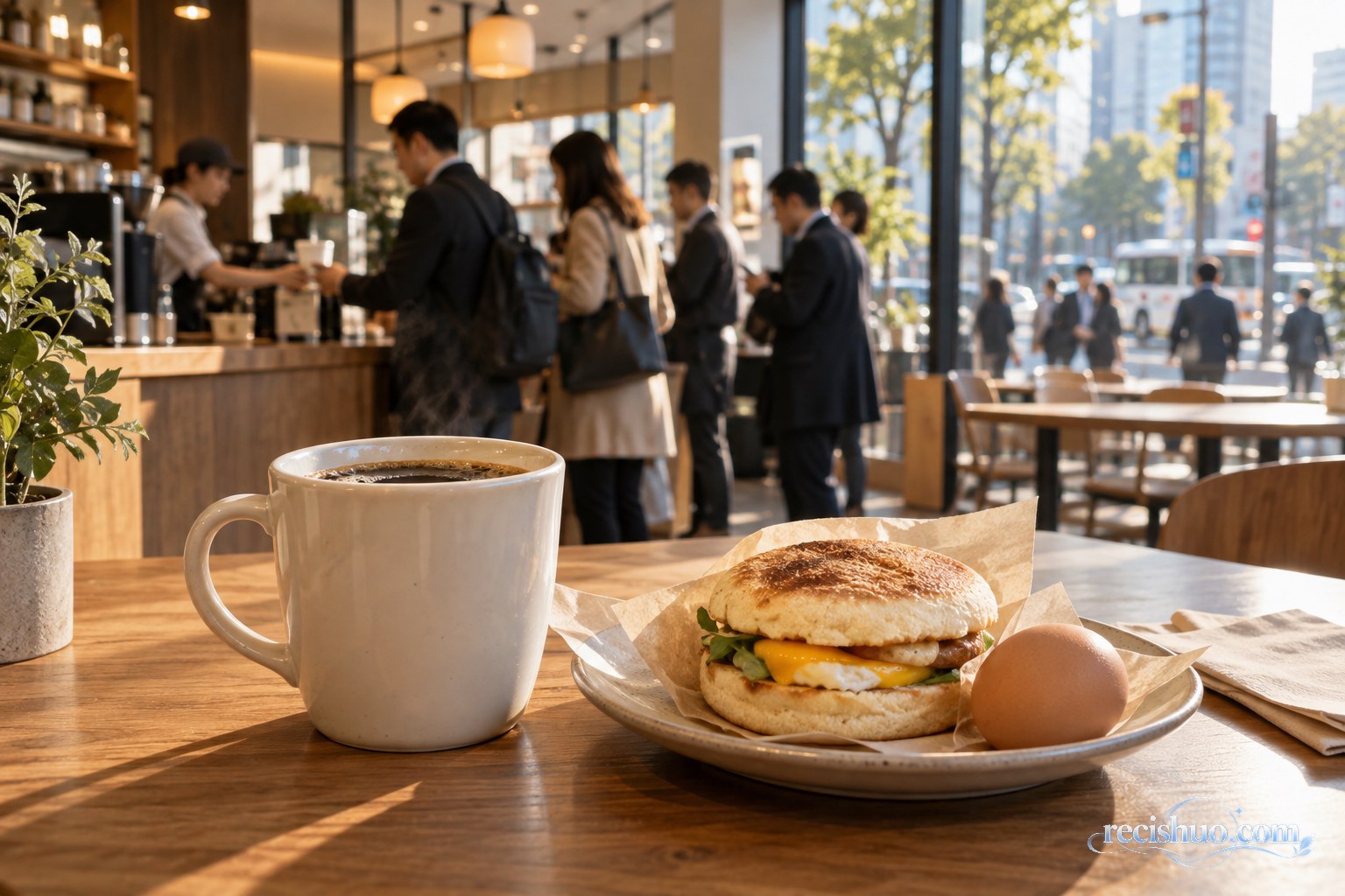 清晨城市咖啡店内,咖啡、早餐三明治和鸡蛋摆在木桌上,通勤顾客在背景中取餐