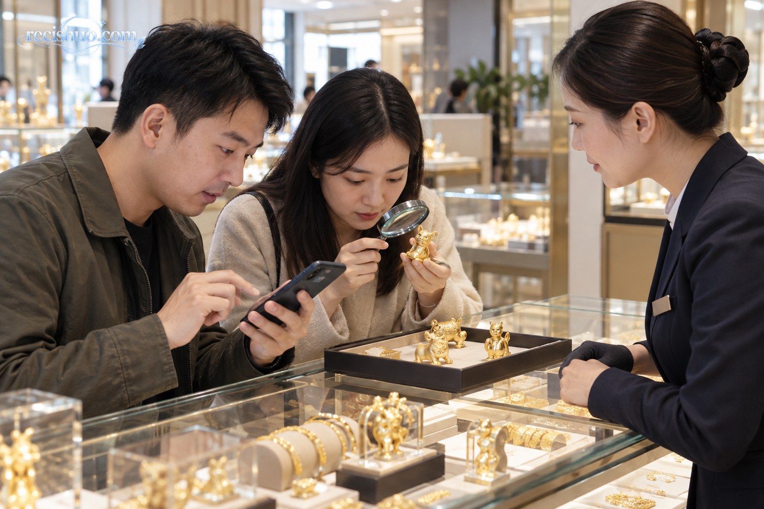 消费者在金店查看黄金摆件并用手机核算价格