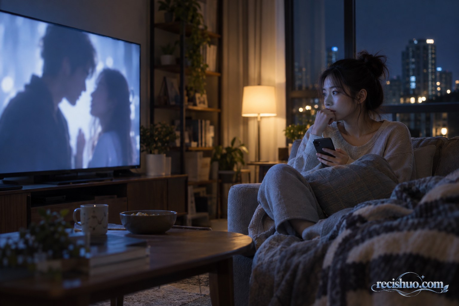 年轻观众在夜晚客厅观看虚构爱情剧并放下手机冷静思考