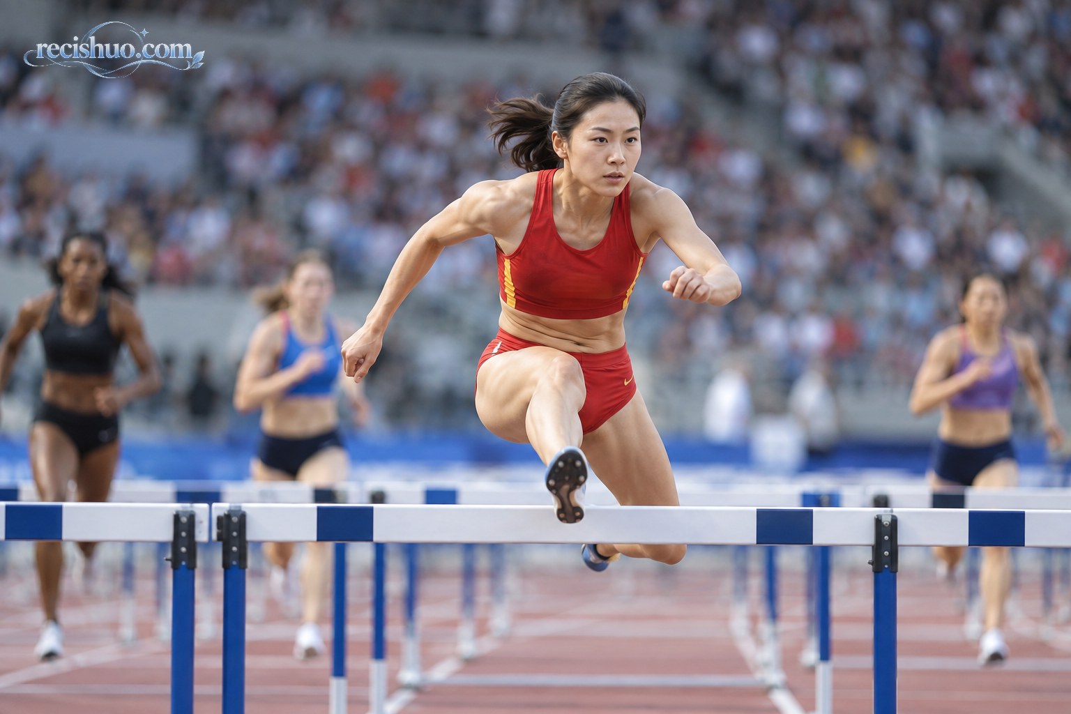 女子100米栏运动员在田径场跨越栏架的比赛画面