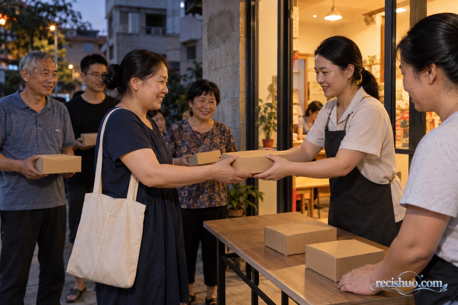 夜晚社区门店前市民有序领取已经认购的月饼