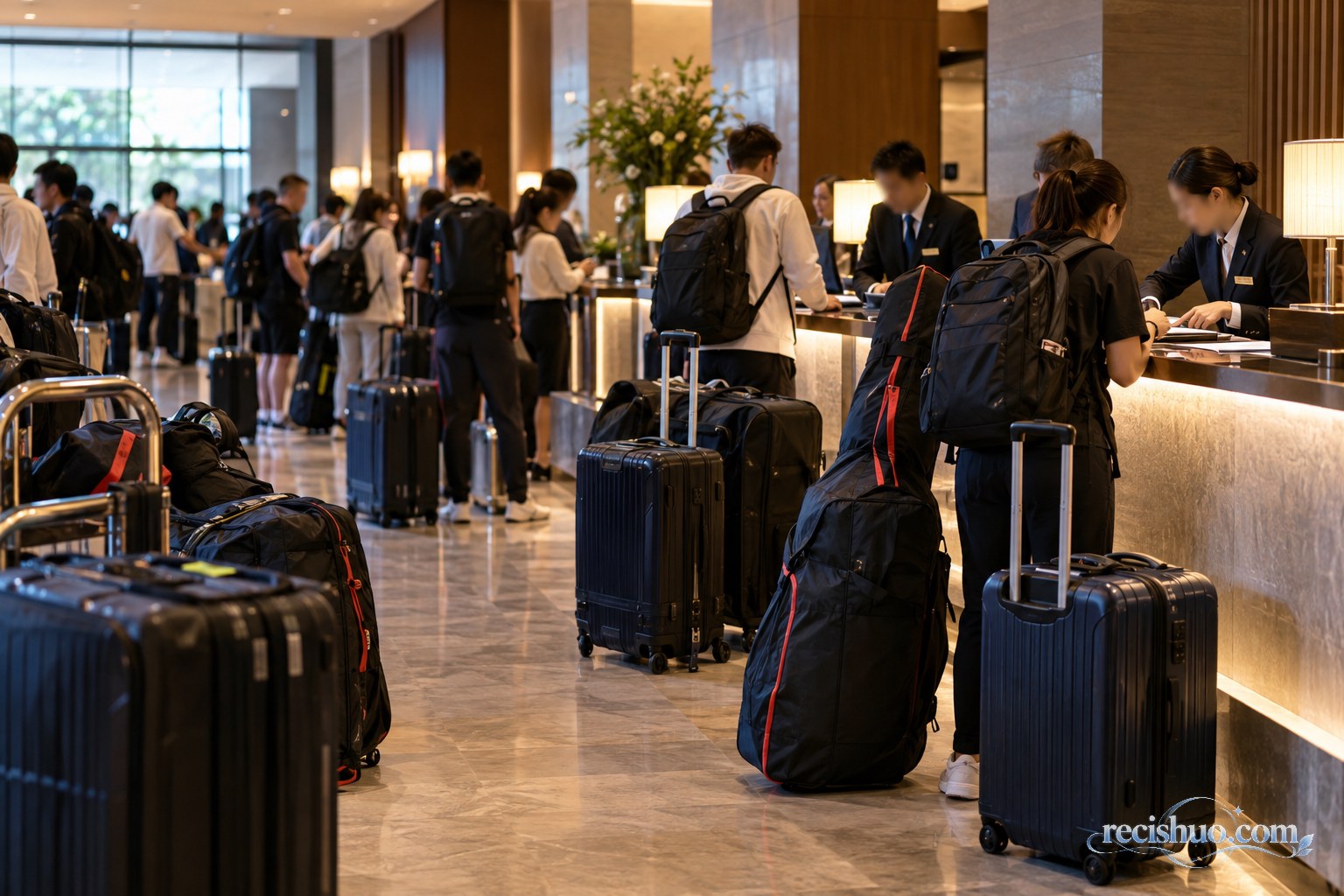 国际体育赛事期间，携带行李和器材的人员在酒店前台等候办理手续的示意图