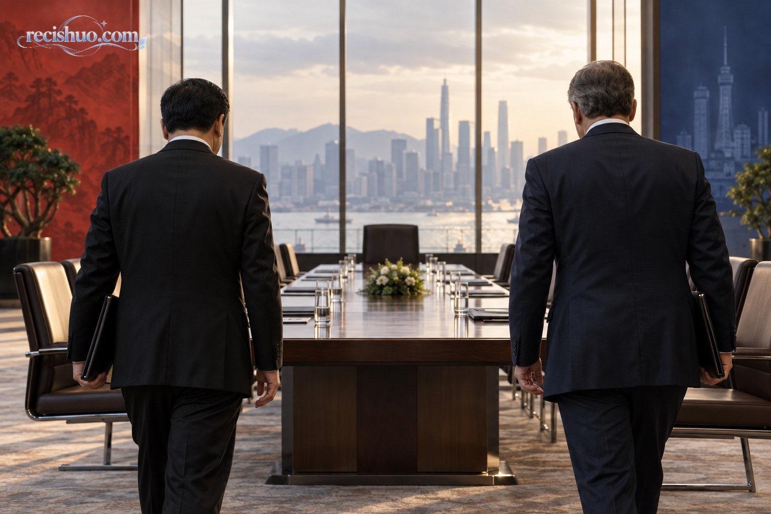 两位高层代表走向正式会谈桌的背影,象征中美通过对话处理重要议题