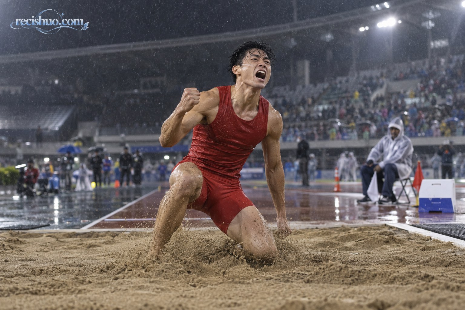 雨中完成关键一跳后在沙坑内庆祝的中国男子三级跳远运动员