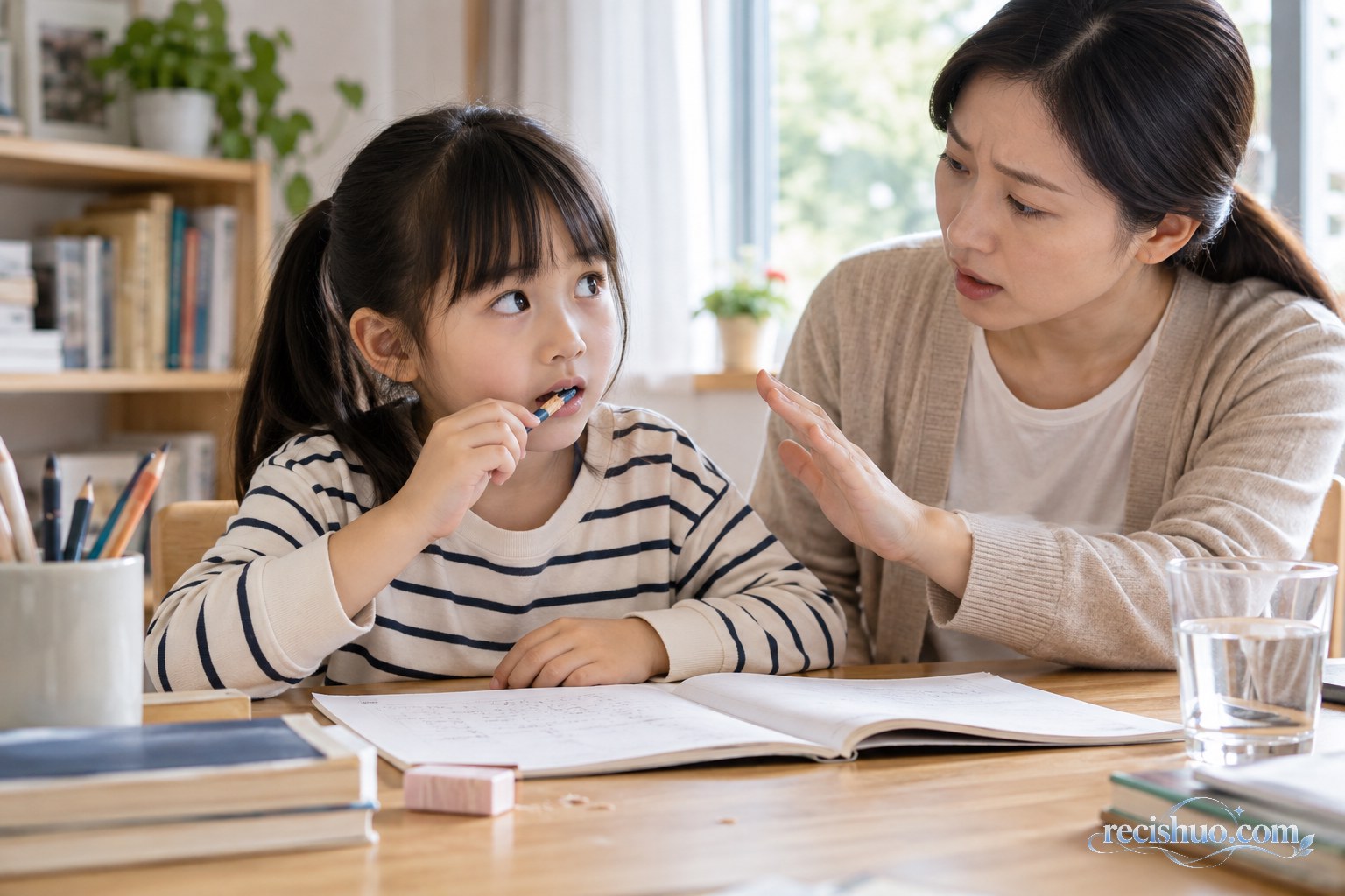孩子写作业时咬铅笔,家长在一旁及时制止并提醒