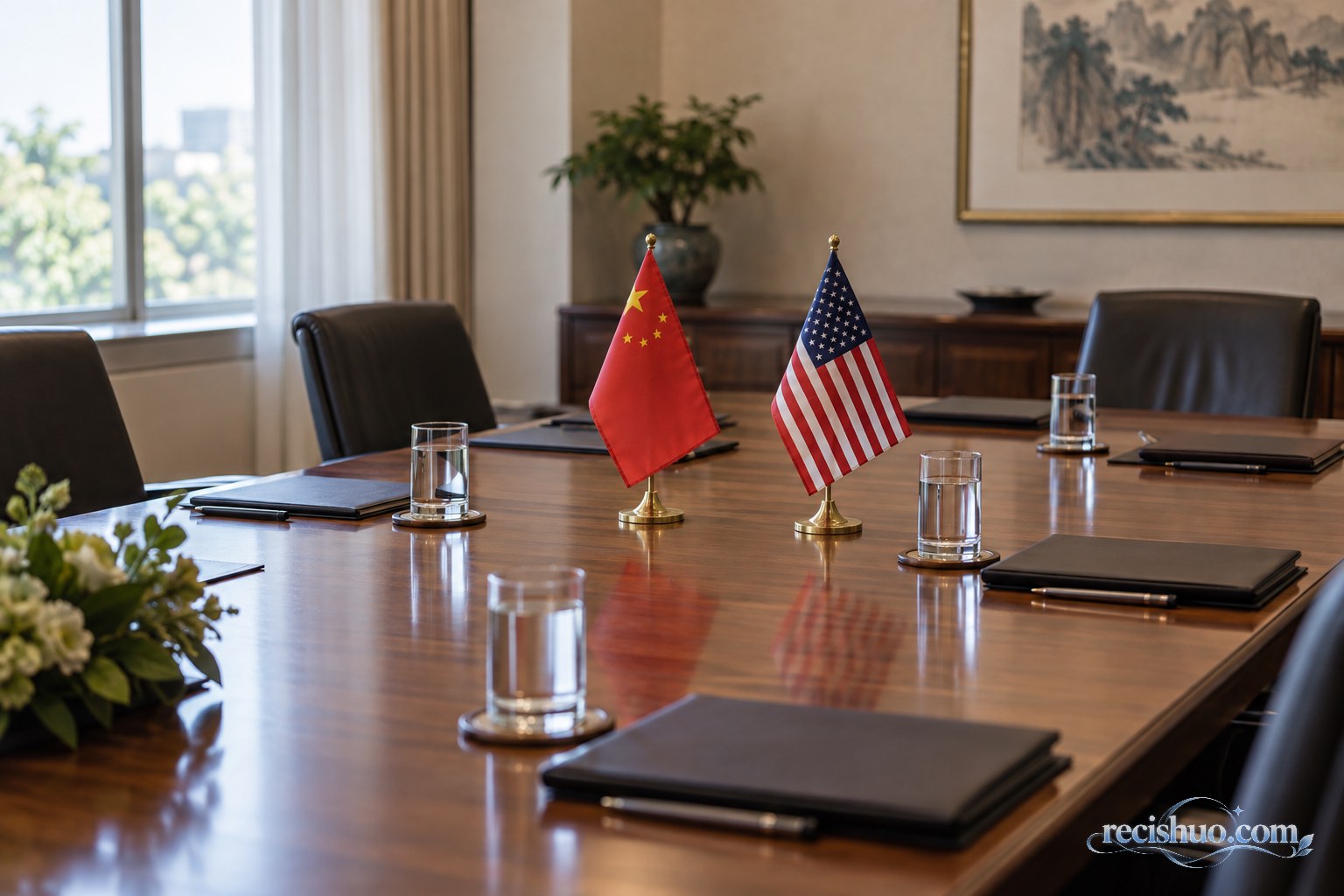 摆放中美国旗与会议资料的正式会谈室