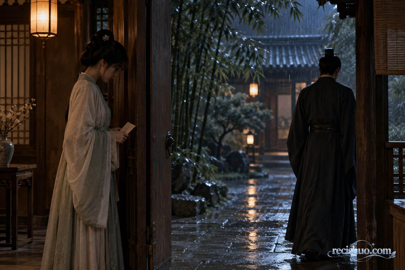 夜雨庭院中，两位古装人物隔着门框无言错过，一人手持未送出的信