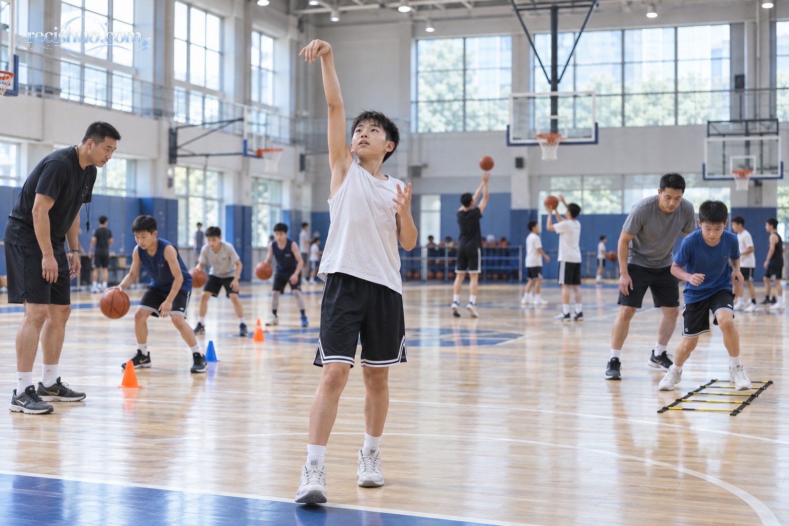 青少年球员在训练馆分别进行投篮、运球和脚步基本功训练