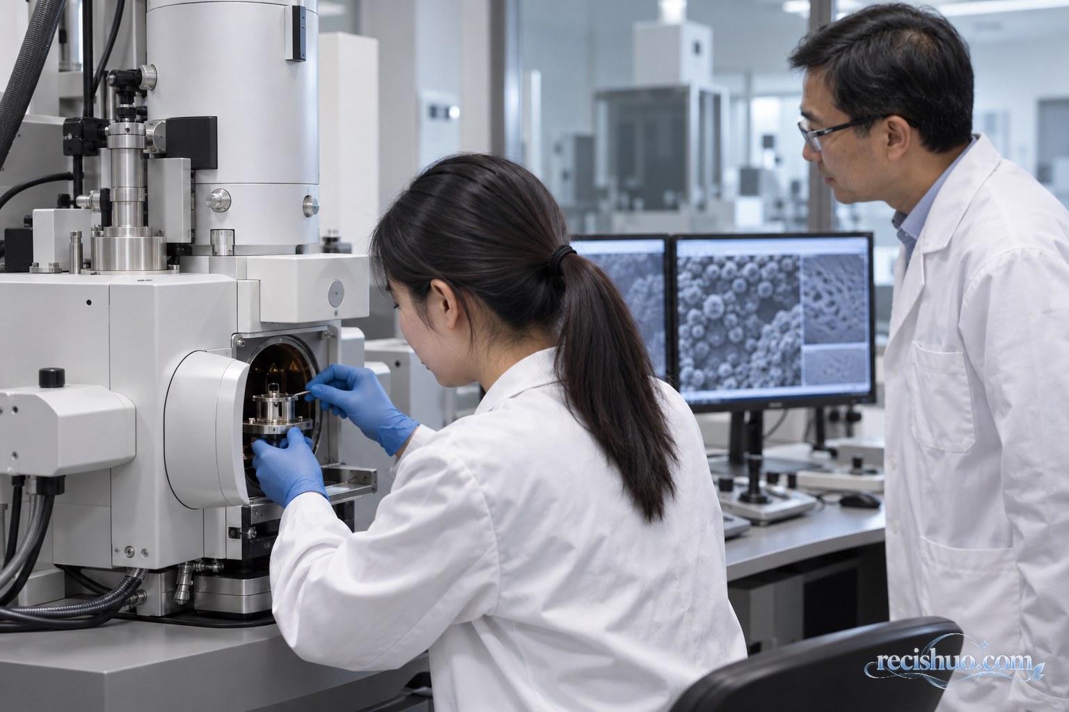 年轻技术人员在指导下操作电子显微镜样品台